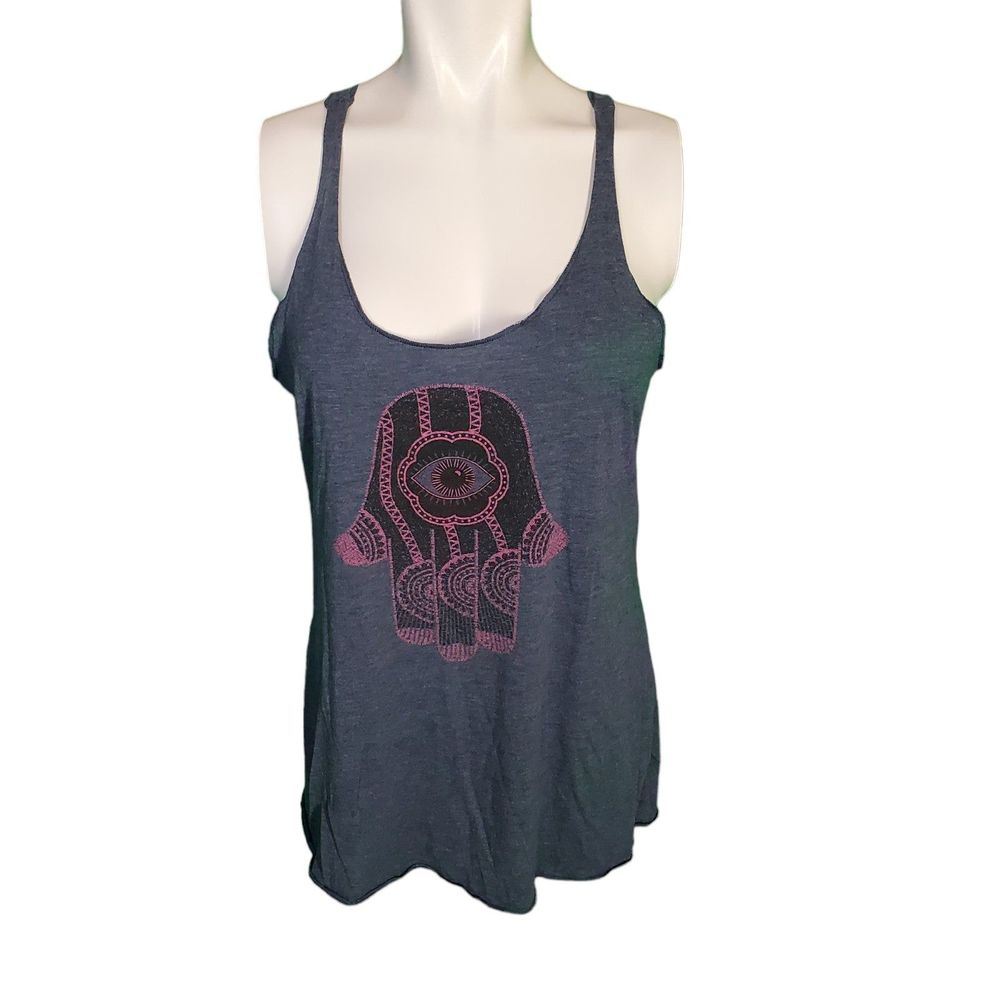 Think Positive Womens Blue Graphic Hamsa Hand Third Eye Good Luck Tank Top Sz L